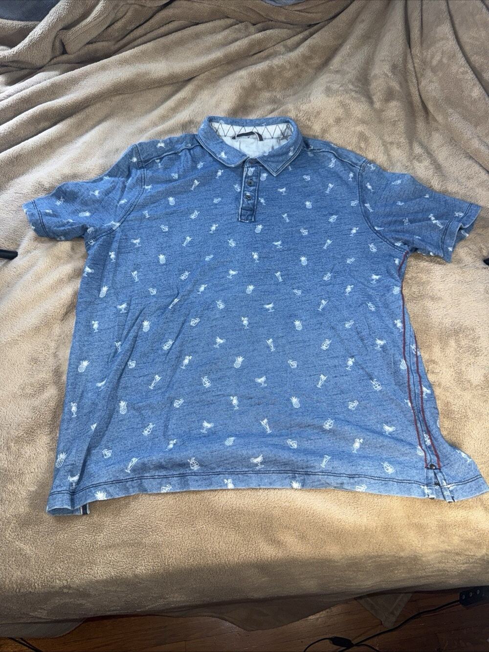 Tommy Bahama Polo Shirt Mens XL Blue Cocktail‎ Pineapple Print 100% Cotton